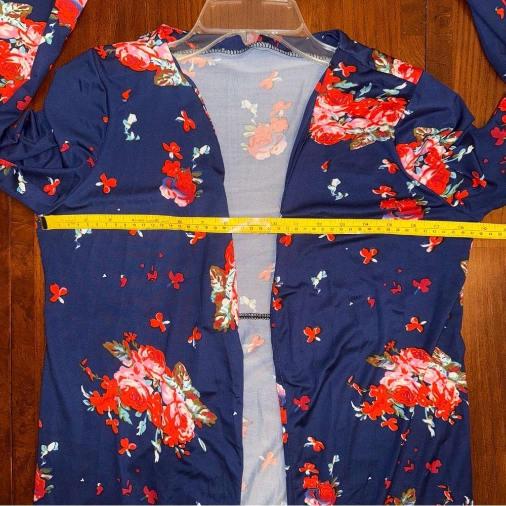 Navy Blue Floral Open Front Long Sleeve Cardigan - Picture 12 of 14